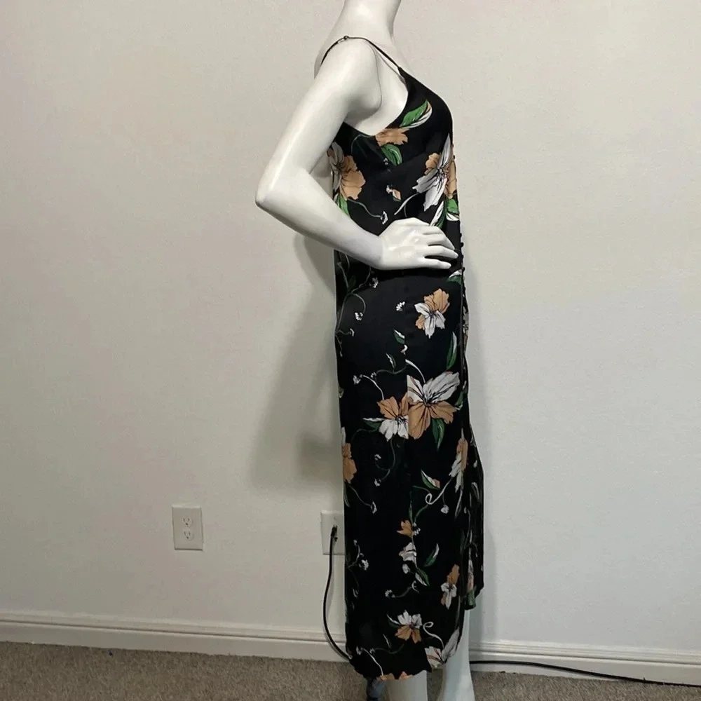Bardot Black Hibiscus Floral Button Front Satin Midi Slip Dress Size 4